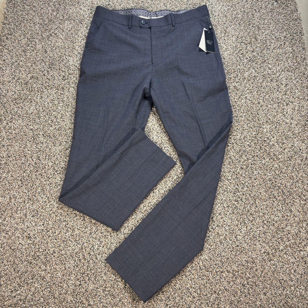 Original Penguin Mens 34x34 Blue Mini Gingham Wool Blend Dress Pants PSP01-I0023